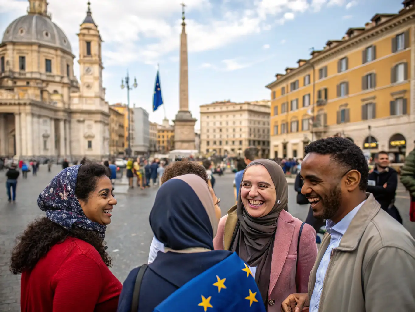An image depicting a diverse group of European citizens and business professionals benefiting from the multi-cream finance system, showcasing economic growth and financial inclusion.